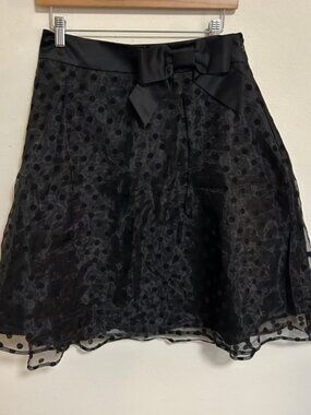 Elle Black Polkadot Sheer Overlay Elegant Knee Length A-Line Skirt Bow Sz 6 EUC